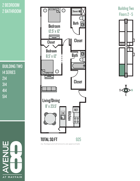 Floor plan for 2 beds, 2 baths, 925 sqft